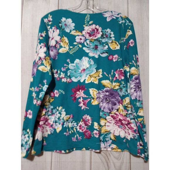 Karen Scott Shirt Ladies‎ Large Turquoise Floral Long Sleeve - Picture 2 of 7